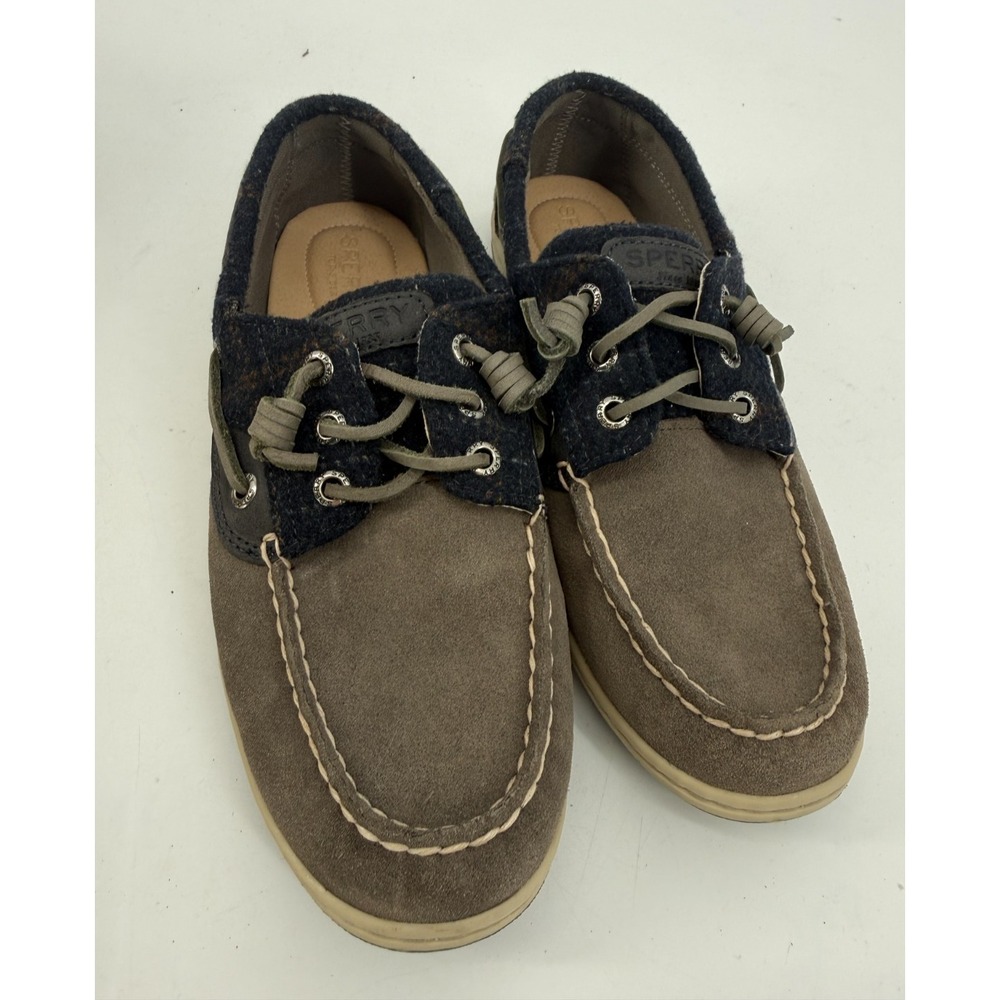 Sperry Songfish Suede Wool Boat Shoes Grey Brown Lace Up Women's 8 Preppy Coasta